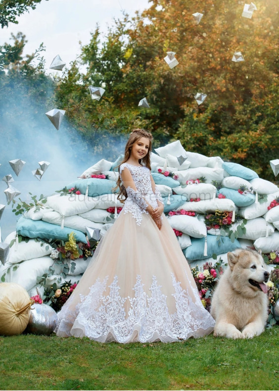 Long Sleeves White Lace Champagne Tulle Elegant Flower Girl Dress